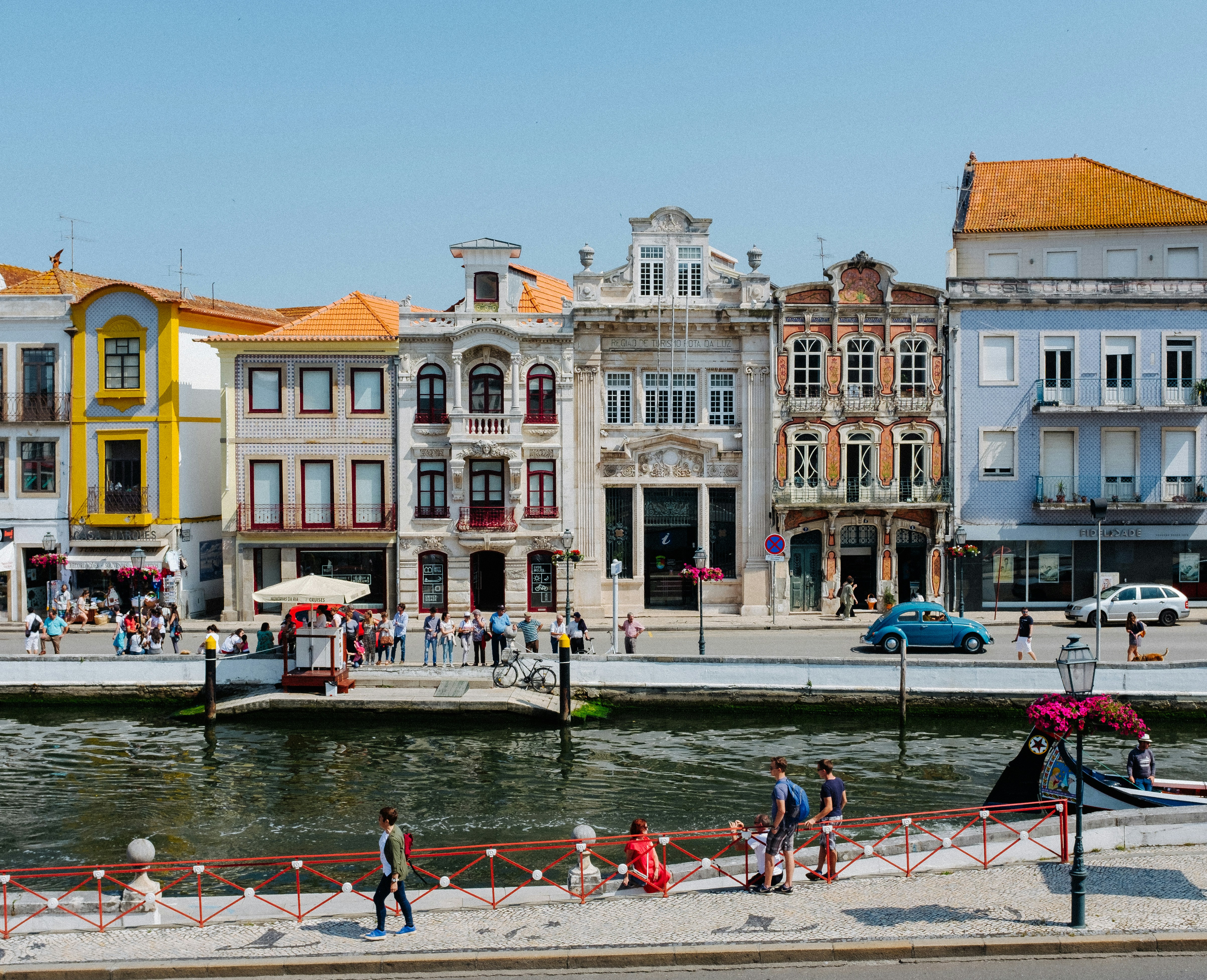 Aveiro central canal with moliceiro boats and Art Nouveau buildings