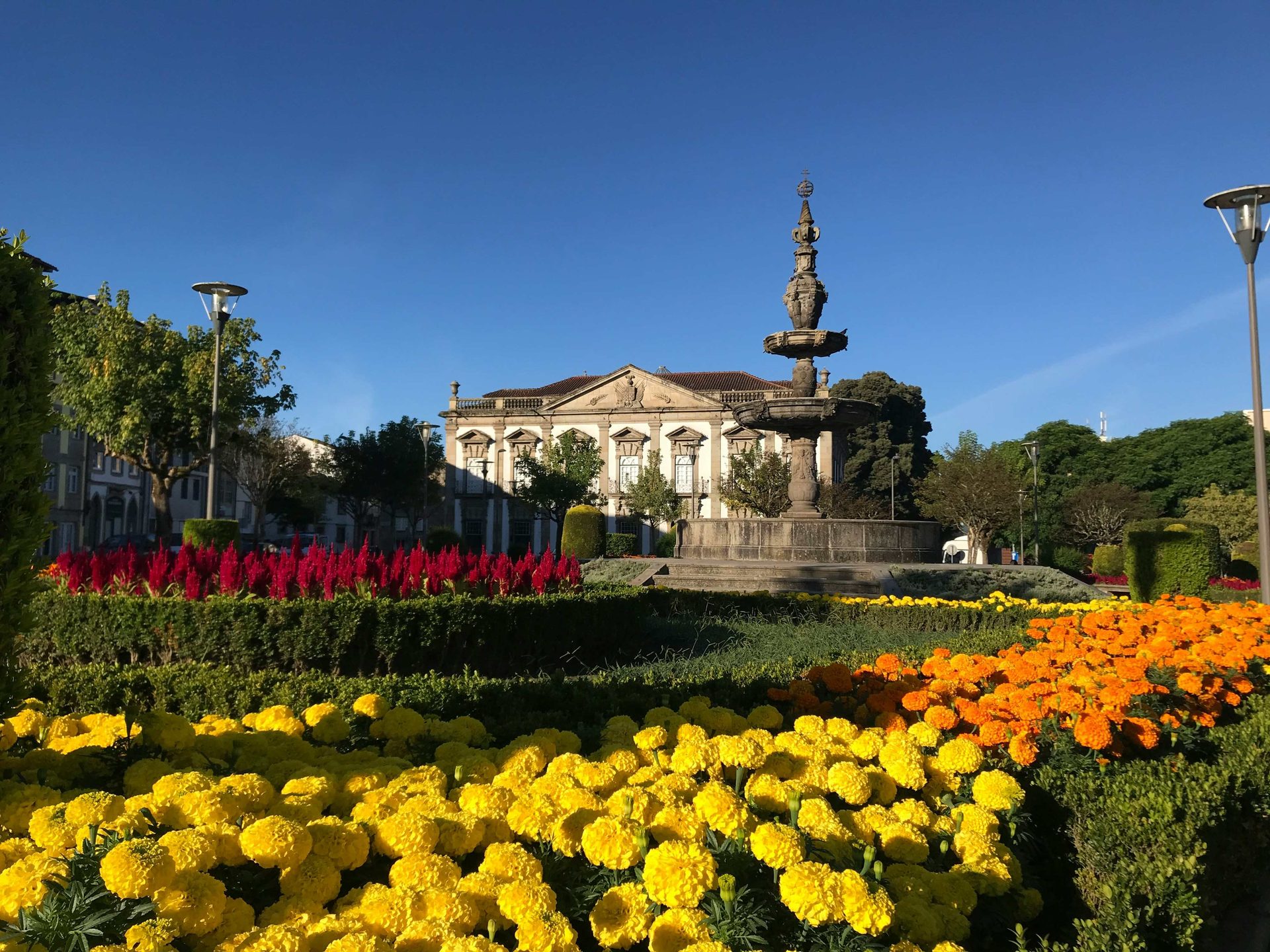 Braga garden with fountain and blooming flowers