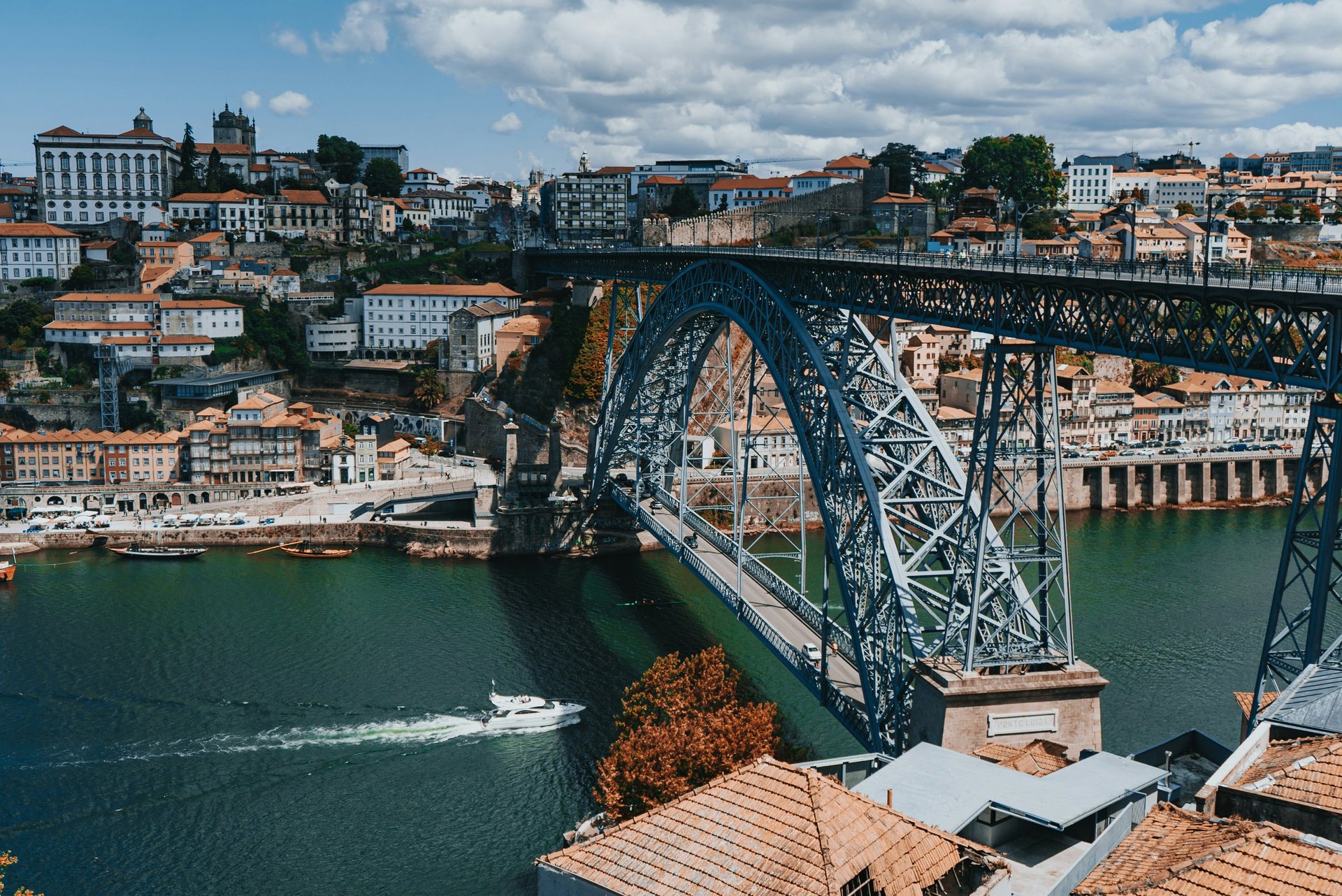 Aerial view of Porto's historic Ribeira district along the Douro River