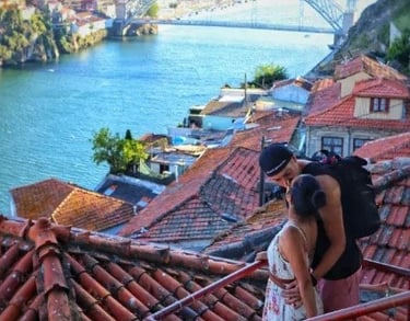 Romantic Porto street scene with traditional architecture and warm evening light